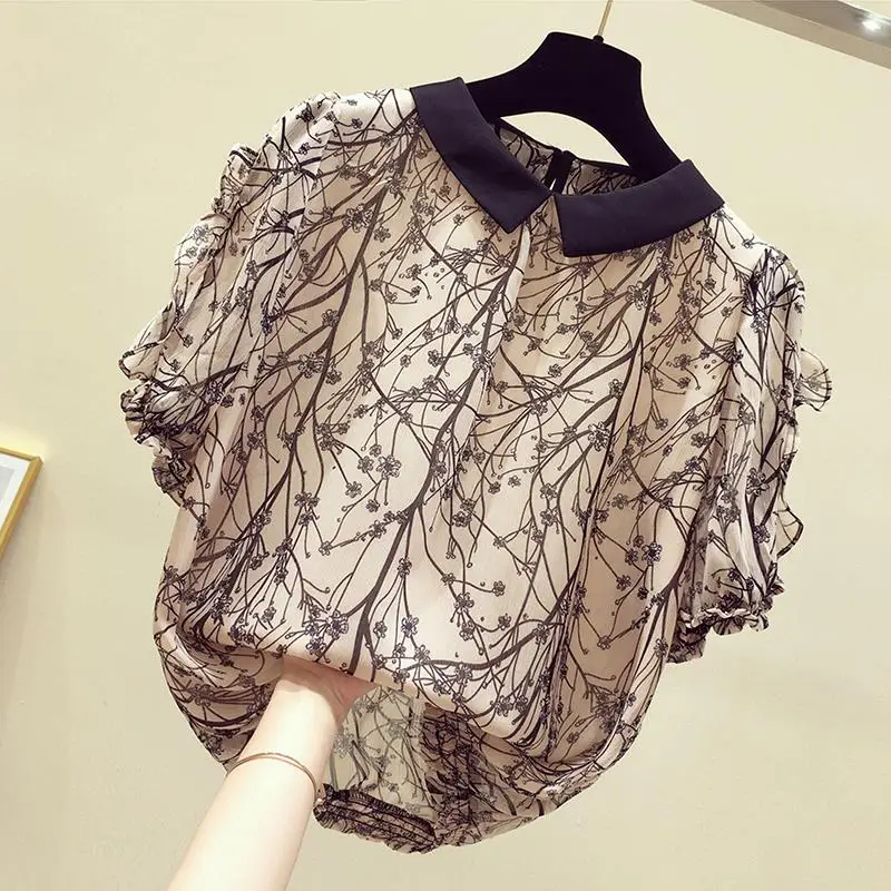 

Floral Chiffon Women Blouse 2024 Summer New Turn-Down Collar Ruffles Loose Lady Elegant Pulls Outwear Coat Tops