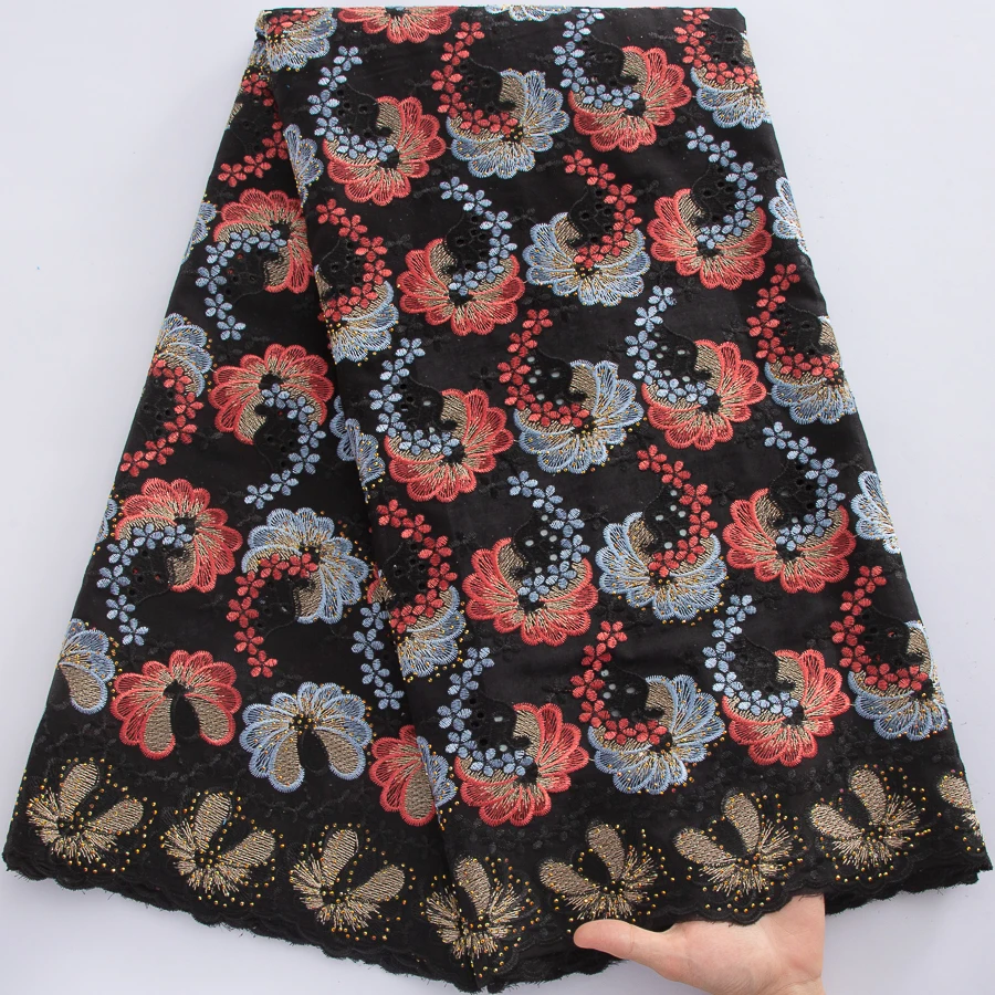 

Черная африканская хлопковая кружевная ткань с красочной цветочной вышивкой и стразами, нигерийская швейцарская кружевная ткань из вуаля для праздничных платьев