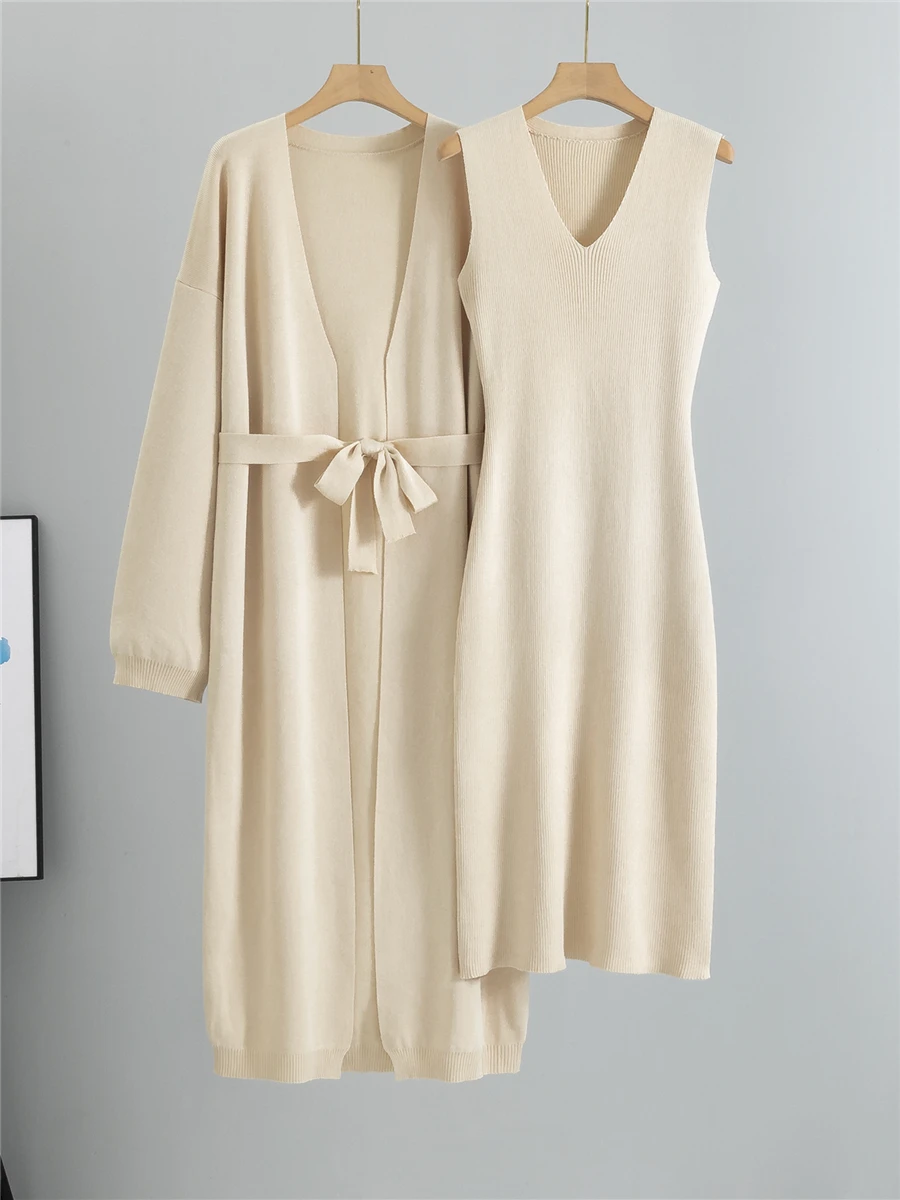 

Faionable Knitted Color Set for Women V-Ne Strap Dr Loose Slimming Long Sve Outerwear Comfortable Premium Qua...