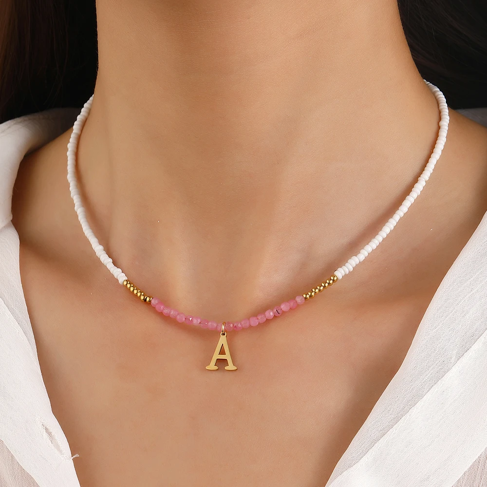 Bohemian style 26 letter pendant women\'s white rice bead pink crystal bead necklace fashionable and simple jewelry gift 2025