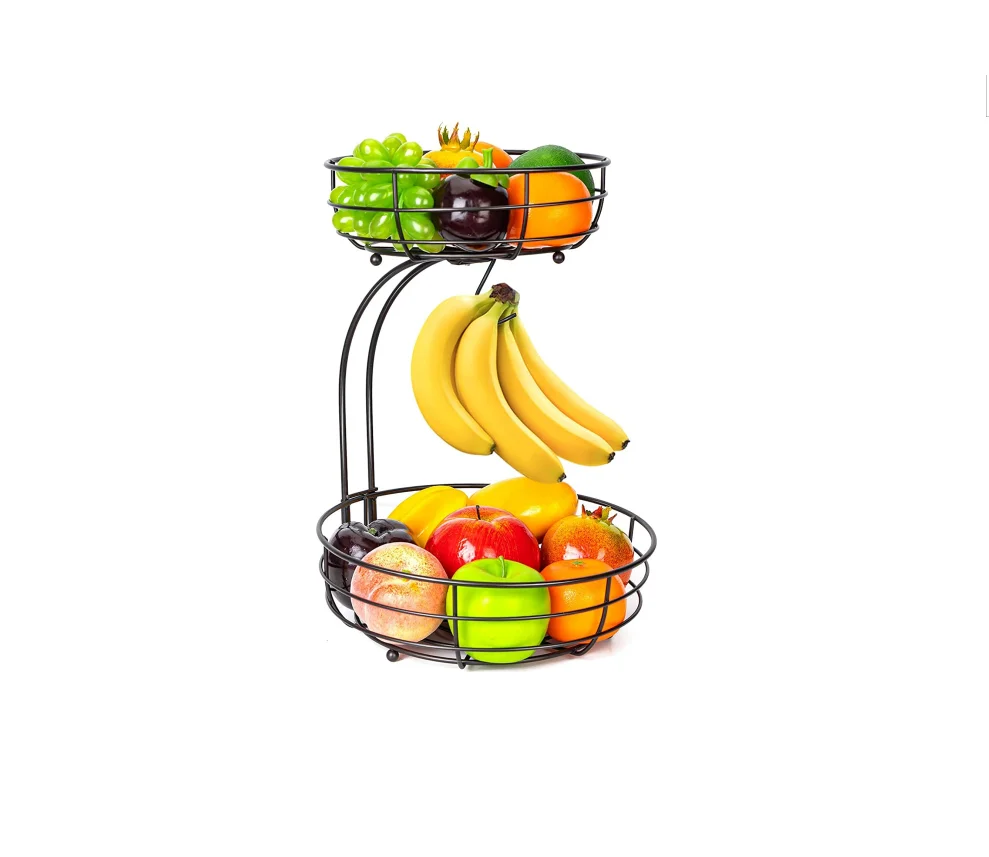 Fruit Basket, 2-Tier Fruit Bowl with Banana Hanger, , Metal Luxurious Fruit Basket-Vegetable Holder, Home Decor