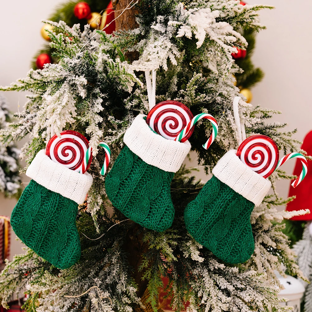 

6 Pcs Mini Knitted Socks Xmas Stocking Hanging Decoration Green Christmas Tree Gift Bag Accessories Cartoon Stockings Holiday