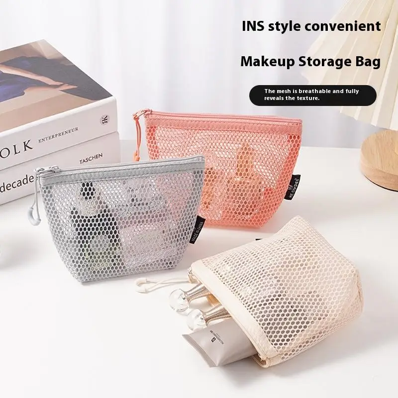 Borsa portaoggetti portatile per cosmetici, rossetto semplice, design a rete, borsa da toilette, organizer da bagno per cosmetici, articoli da toeletta, cura della pelle