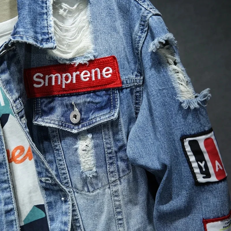 Denim Jacket Men Women Hip Hop Streetwear Punk Motorcycle Ripped Print Cowboy Outwear High Quality Casual Hole Male Jeans Coat