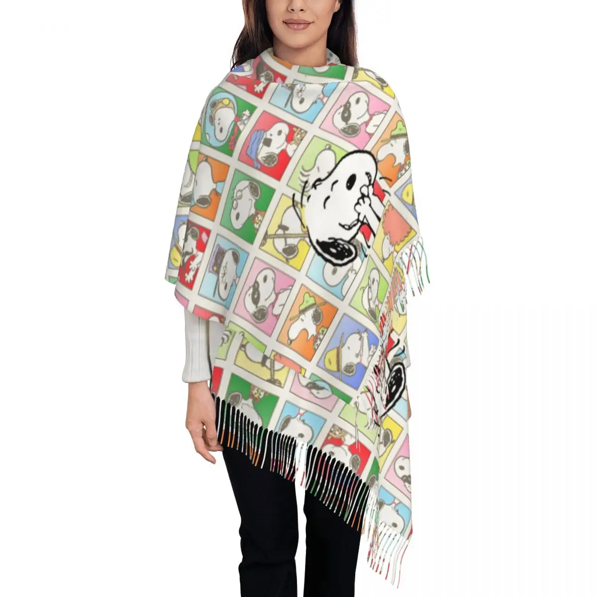 Women's Scarf with Tassel Colorful Snoopys Collage Large Winter Fall Shawl and Wrap Cartoon Daily Wear Cashmere Scarf