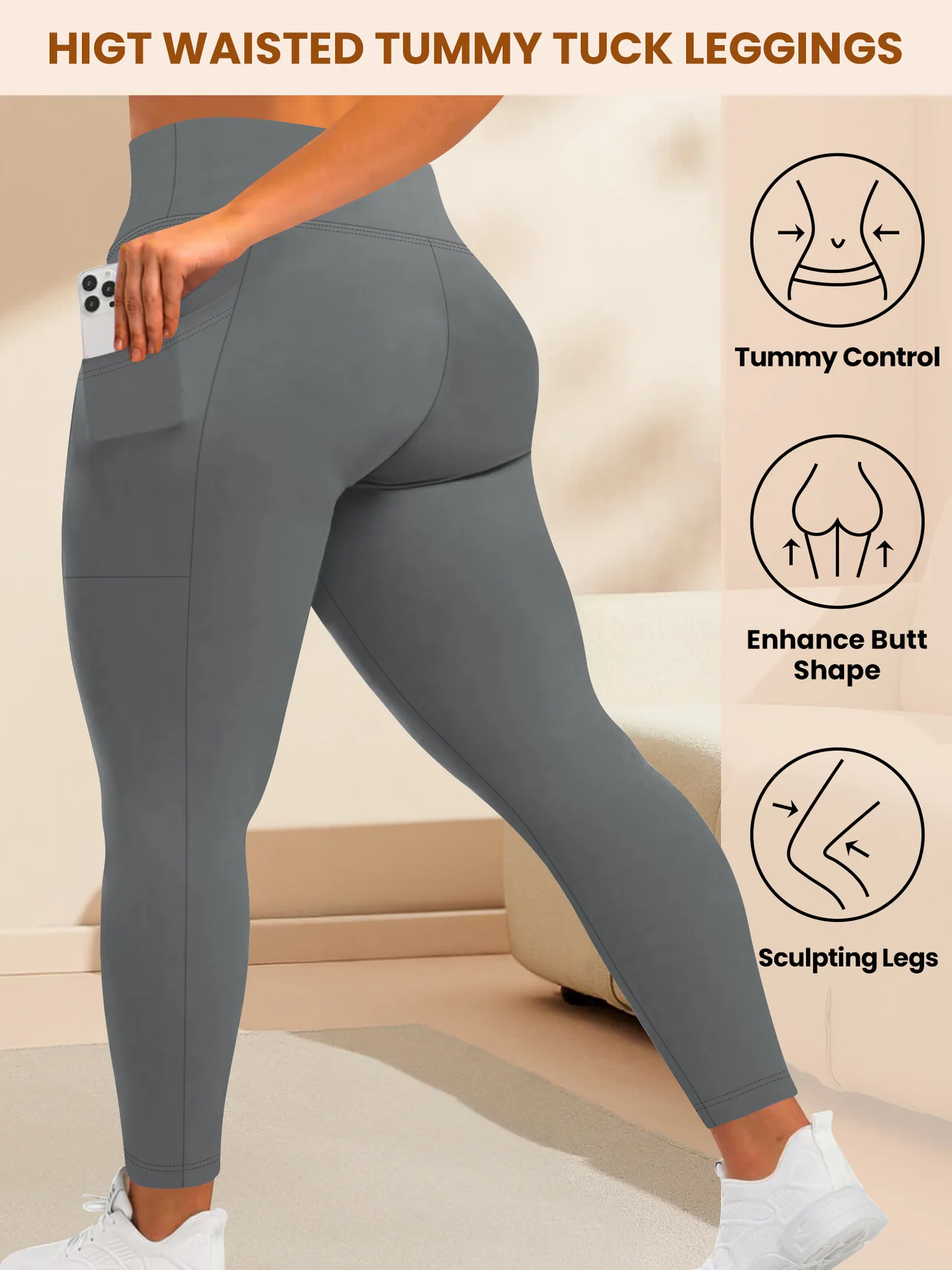 Damen-Yogahose mit hoher Taille, Übergröße, Po-Lifting-Workout-Leggings mit Taschen, elastische Activewear für Fitnessstudio und Laufen – Detail 8