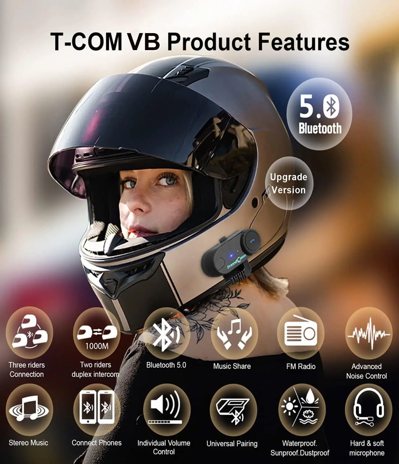 Auriculares TCOM VB con Bluetooth para casco de motocicleta, intercomunicador universal con sistema de comunicación, resistente al agua, 2 conductores, 800M