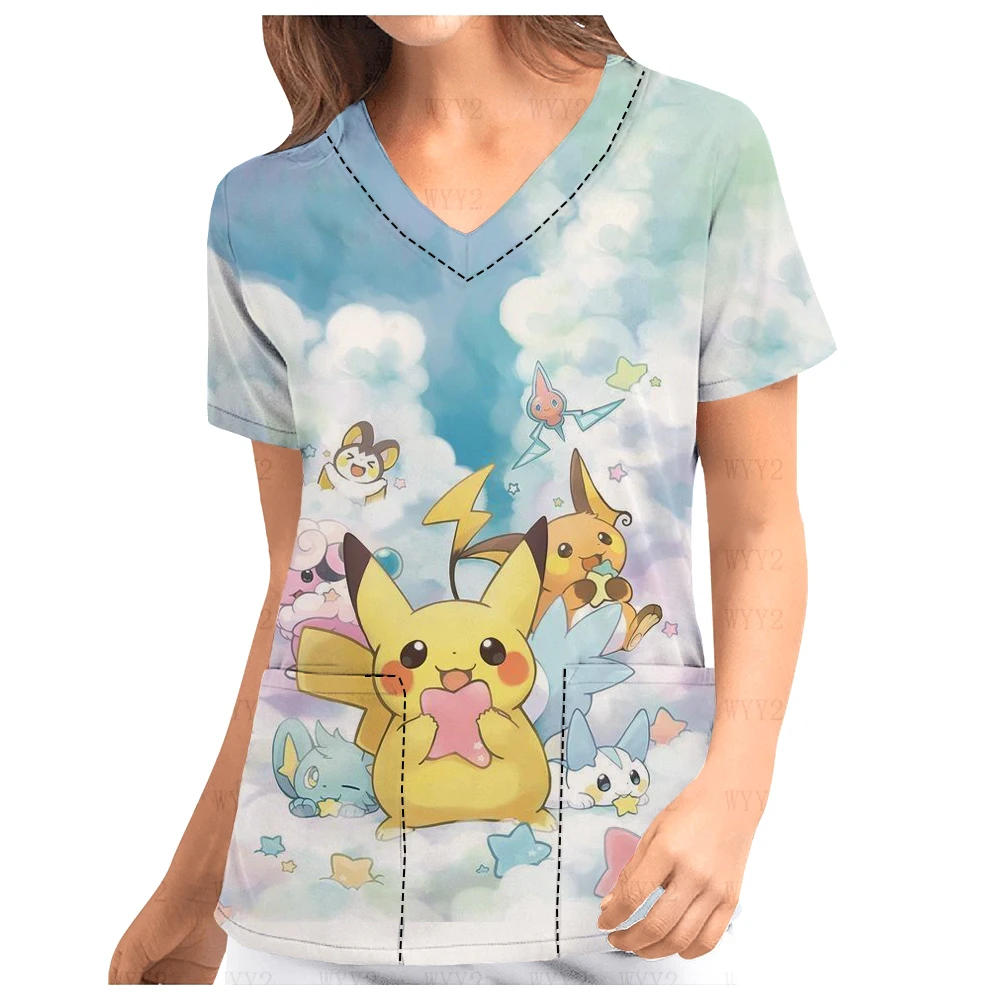 Spring and summer women's short-sleeved V-Neck Print Scrub Top Pikachu print work clothes nursing hospital beauty salon dental