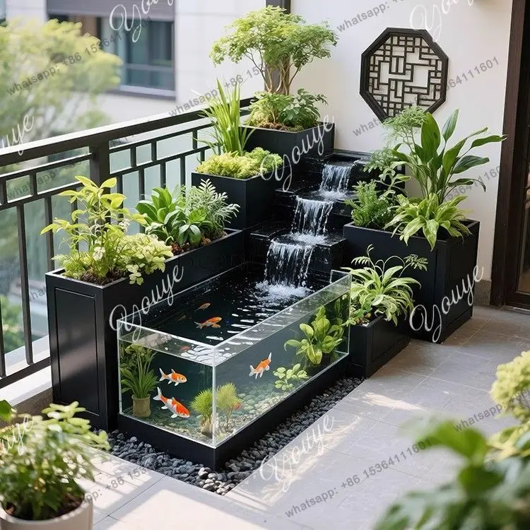 Creative flowing water fish tank flower box metal acrylic patio circulating fish pond stainless steel courtyard combination