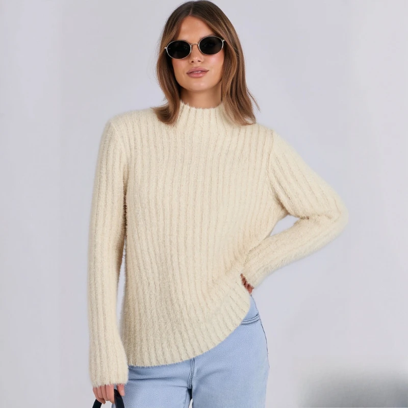 

Elegant Solid Color Casual Women's Knitted Semi High Neck Sweater Autumn and Winter Versatile Imitation Mink Fur Base Sweater 15