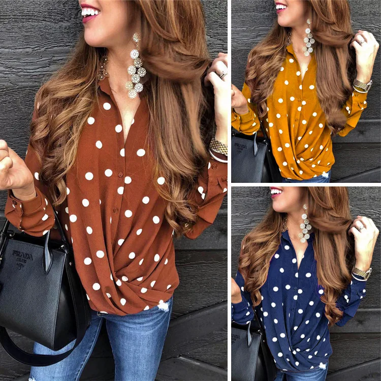 

Новинка весна-лето 2026: Женская модная блузка в горошек с воротником-стойкой, на пуговицах, с длинным рукавом, в наличии