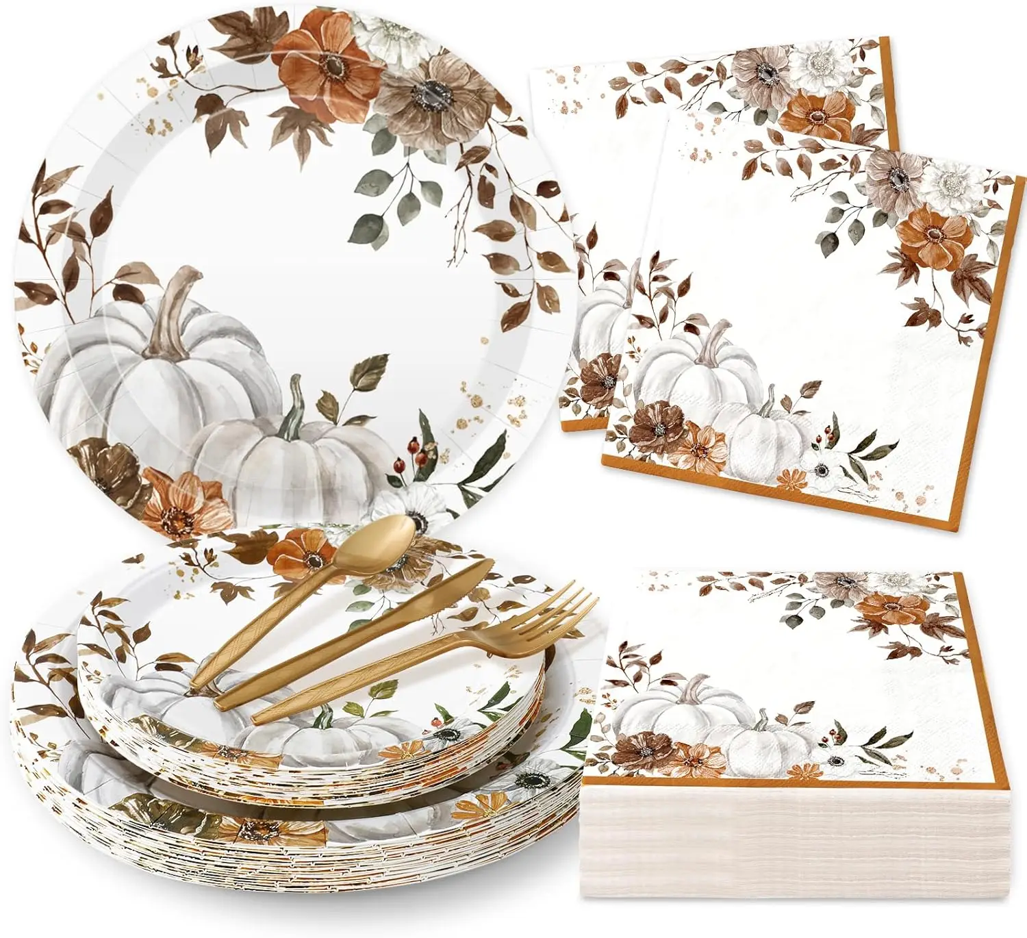 

150 шт. набор принадлежностей для осенней вечеринки, тарелки с тыквой и цветочным рисунком, салфетки, столовые приборы для посуды на День Благодарения, 25 шт.