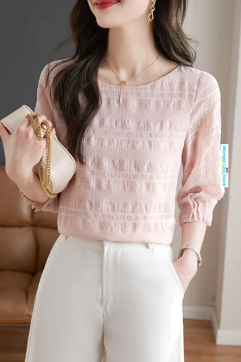 Three-quarter Sleeve O-neck Sweet Pink Pulllover Shirt Women Tops 2024 Summer Thin Elegant French Loose Blouse Camisas A2240