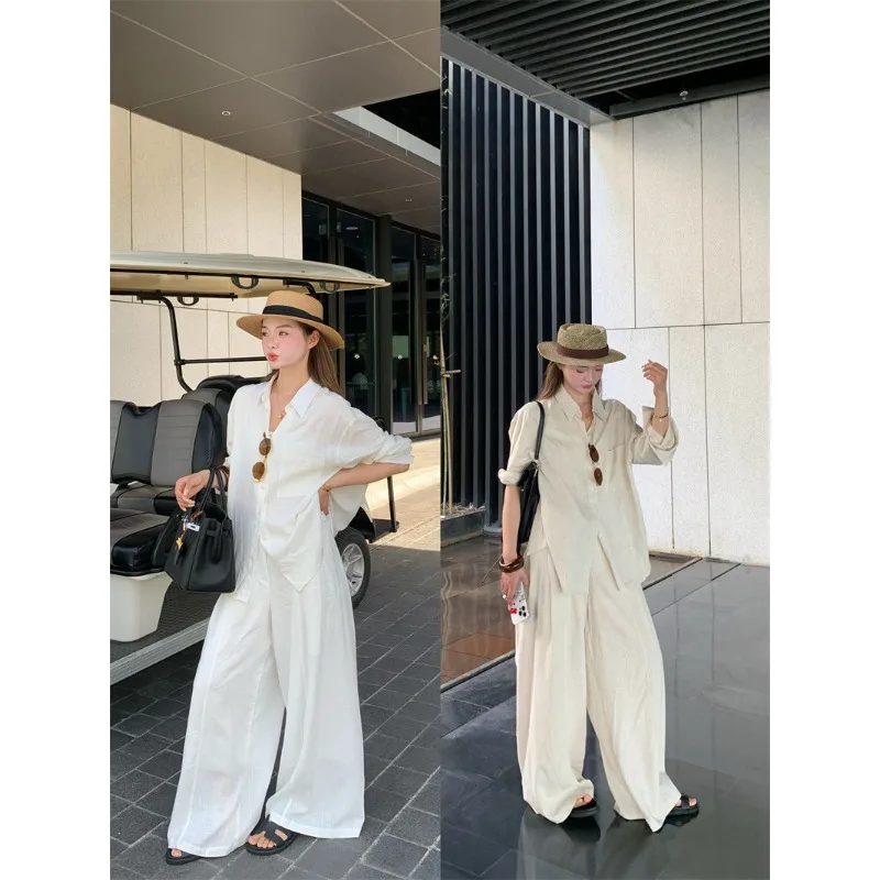 SuperAen 간단한 느슨한 패션 여성 옷깃 칼라 솔리드 컬러 셔츠 2025 여름 새로운 드레이프 캐주얼 바지 투피스 세트