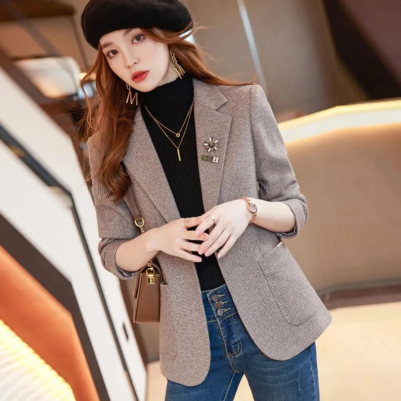 Woolen Blazer Jacket NEW Spring Autumn Women Elegant High End Slim Suit Overcoat Fashion Notched Collar Single Button Tops 4XL