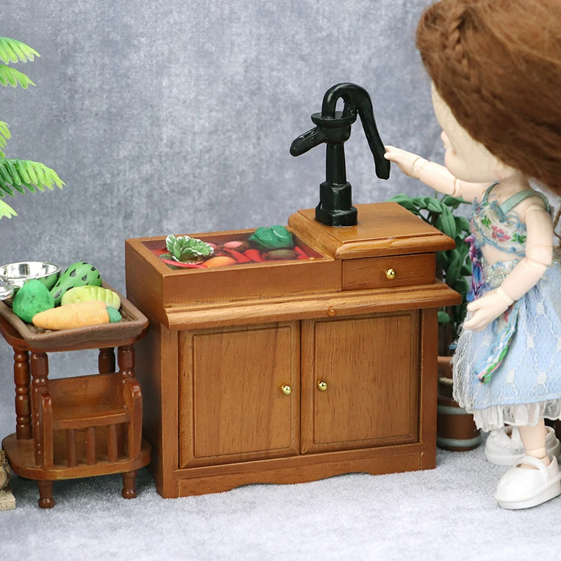 

1:12 Dollhouse Miniature Wood Bathroom Sink Cupboard Kitchen Wash Basin Drawer Furniture Model Decor Toy Doll House Accessories