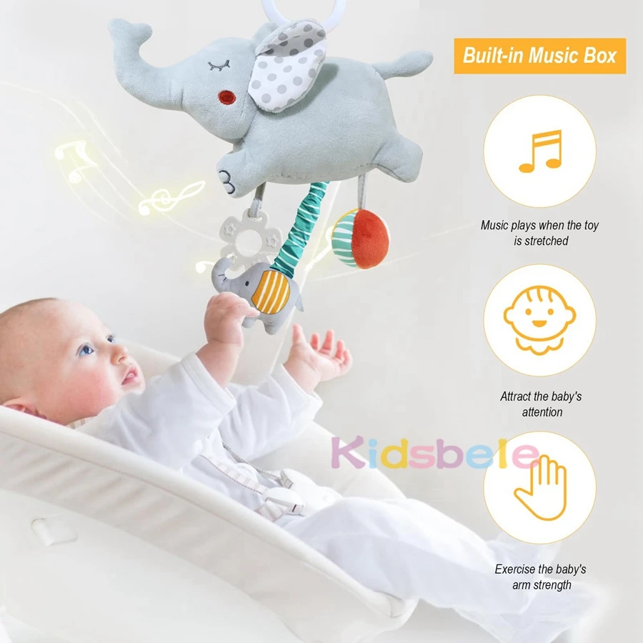 ガラガラとカサカサ音がするベビーカー用吊り下げおもちゃ、ベビーベッド、カーシート、感覚発達のための柔らかいぬいぐるみ象のアクティビティおもちゃ
