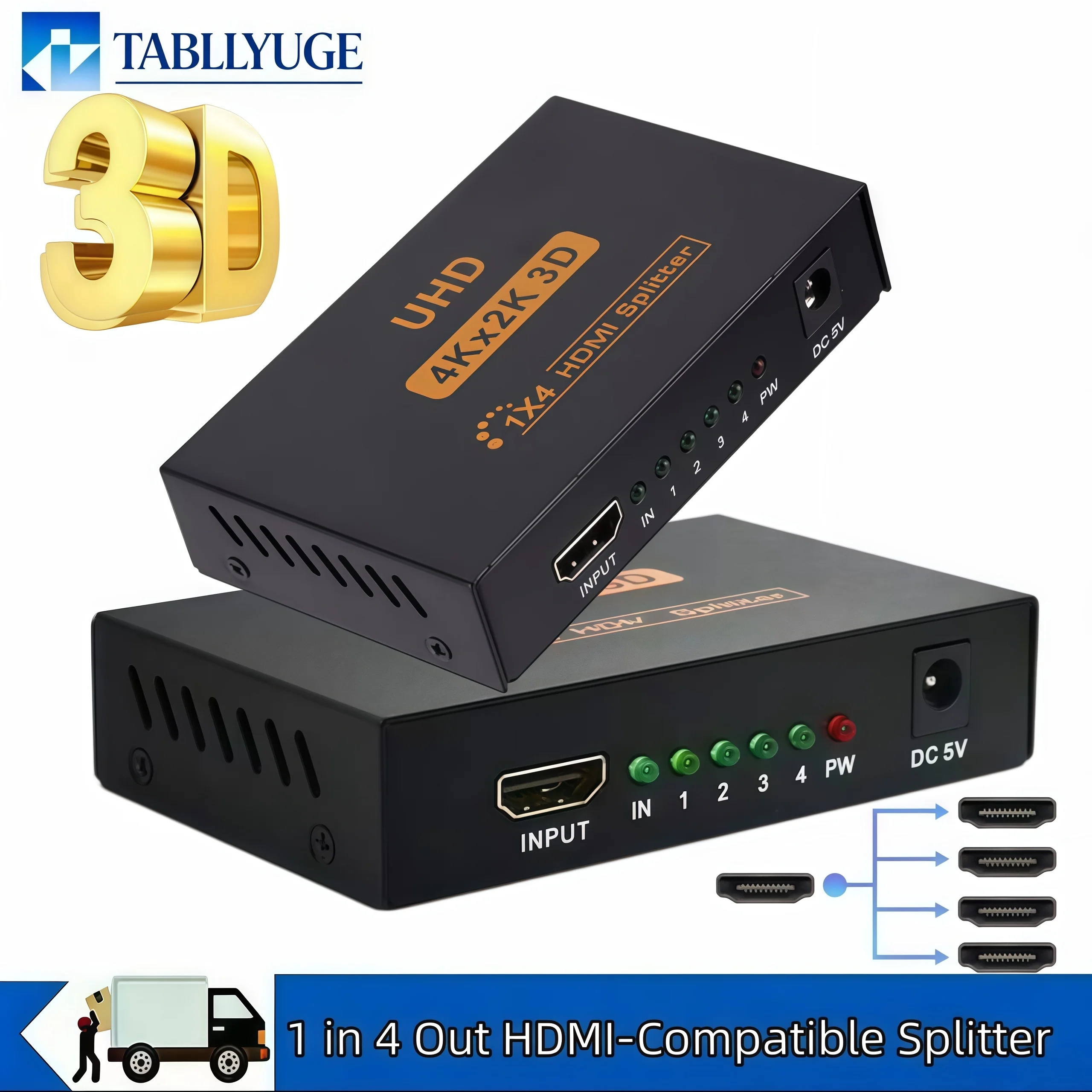 Divisor HDMI 1 Entrada 4 Salidas, Adaptador Divisor de Video 4K 2K UHD 3D 1x4, Pantalla Simultánea para HDTV, DVD, PS3/PS4, Xbox