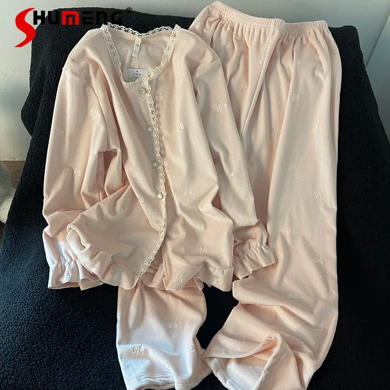 

Women's Winter Fleece Pajamas Suits New Thickened Velvet Warm Pink Lace Sleep Wear Female Square Neck Fleece Homewear Set