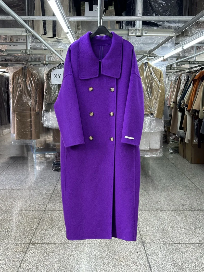 Solid Color High Quality Wool Coat Women Double-side Long Warm Woolen Caot Slit Double-breasted Alpaca Thick Jaket Autumn Winter