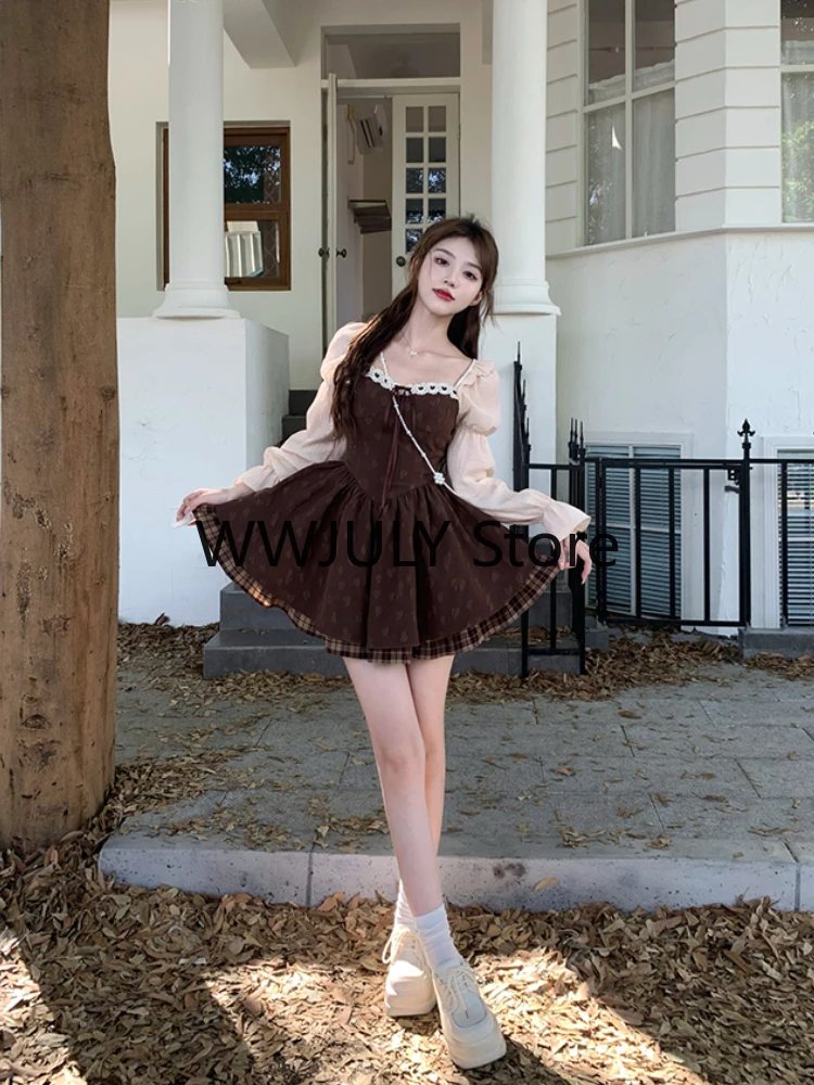 Kawaii Sweet Y2k Mini Dress Woman Short Party Vintage Lace Plaid Dress Bow Design One Piece Dress Korean Fashion Autumn 2023