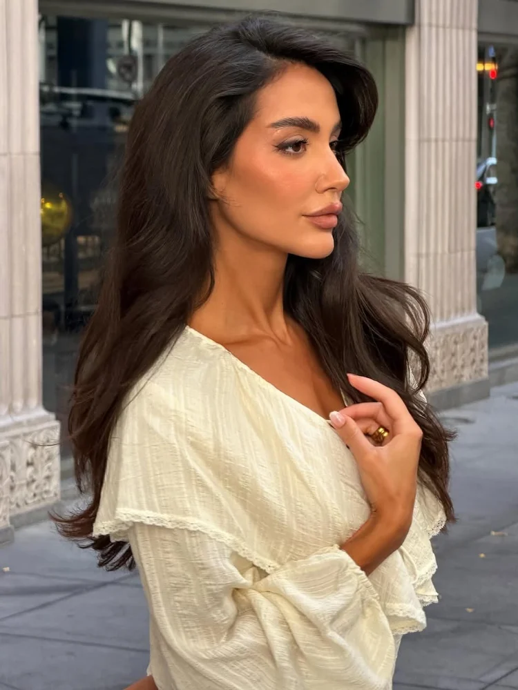 

Lace-up Layered Lace Shirt White Women Elegant Full Sleeve Ruffle Short Shirts 2026 Spring Summer Lady Daily Commute Outwear