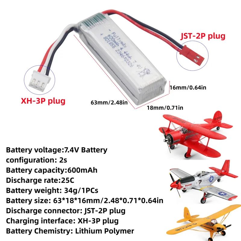 2PCS 2S 7.4V 600mAh Li-ion Battery With 2-in-1 Charger For XK A280 A160 A300 RC Drone, Glider Aircraft Model Toy Accessories