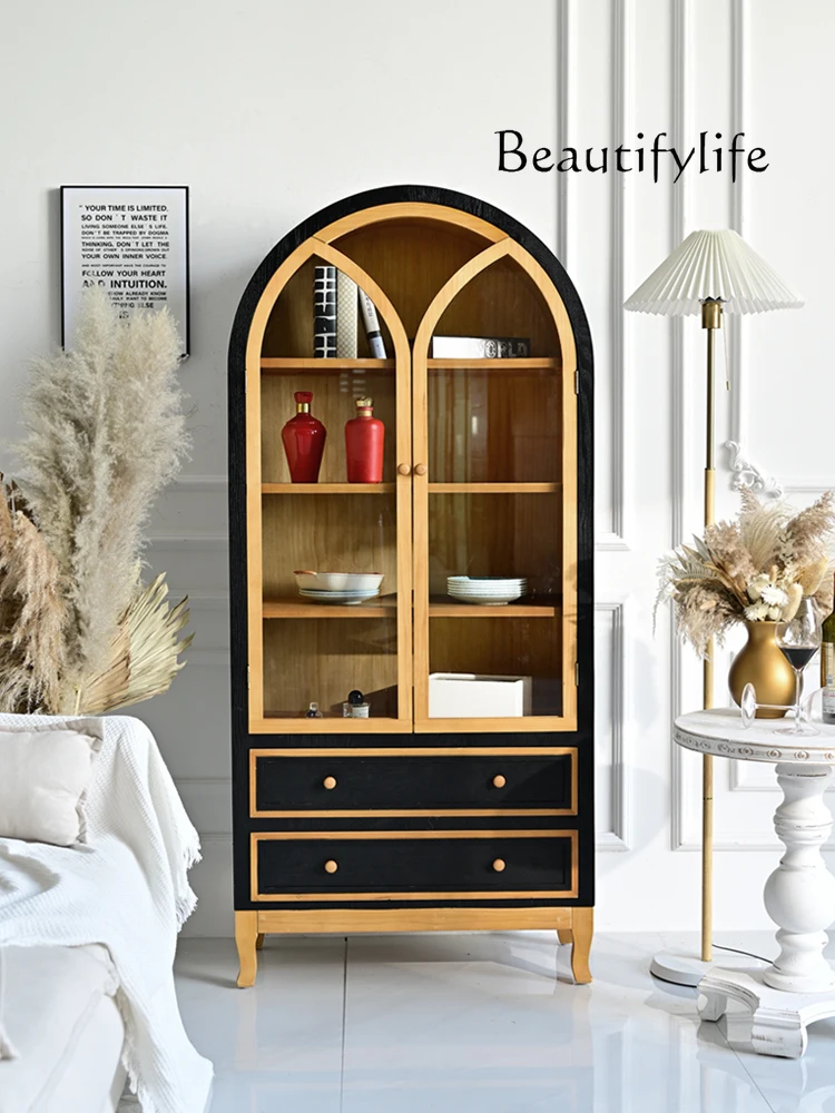 

vV American medieval solid wood storage cabinet household living room wall simple display cabinet