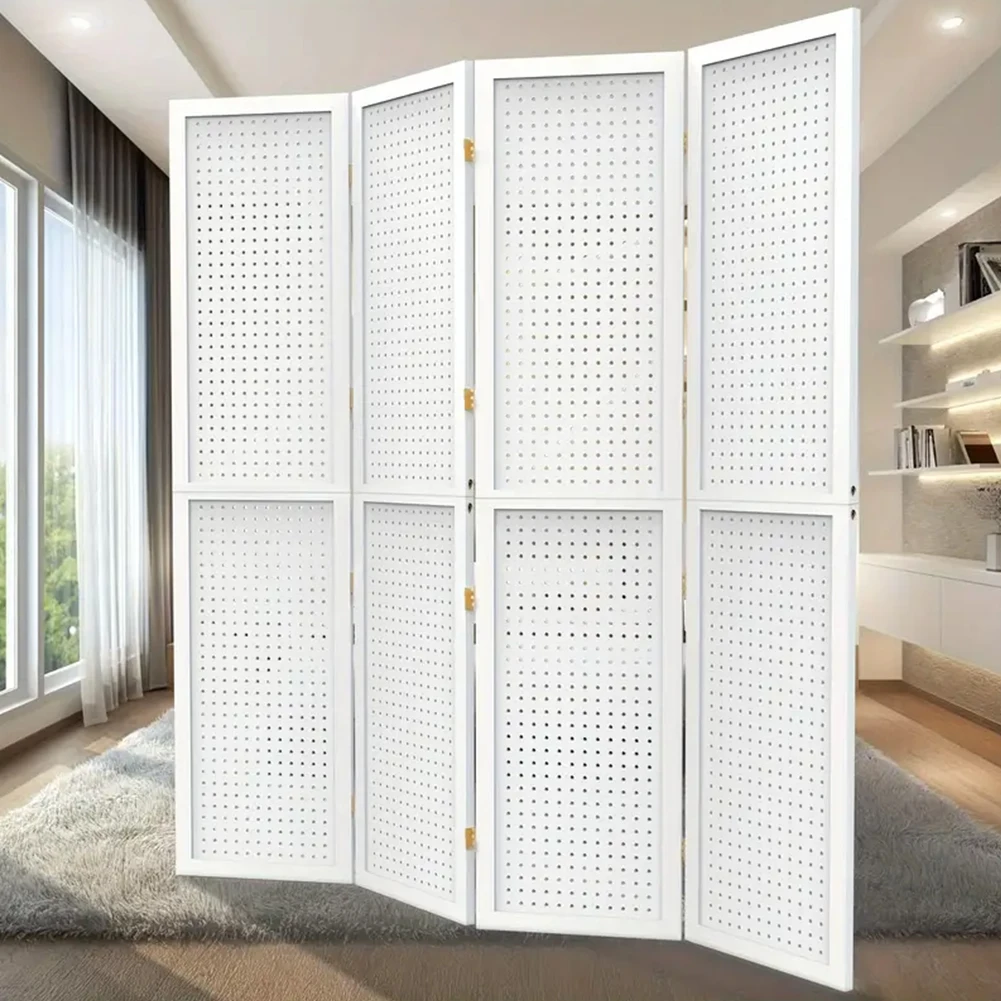 Multi Functional 4 Panel Folding Wooden Pegboard Display Room Divider for Jewelry Crafts and Retail Organization