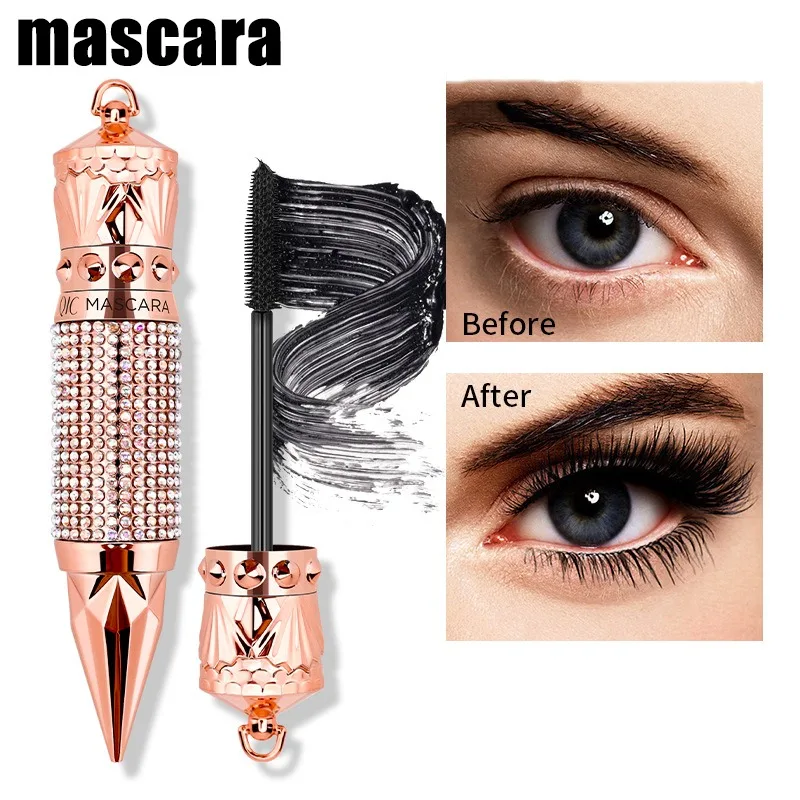 Mascara Waterproof Smudge Proof Elongate Eyelashes Makeup Tool, Natural Thick Curling, Rhinestone Decorative Shell 1pcs Gift