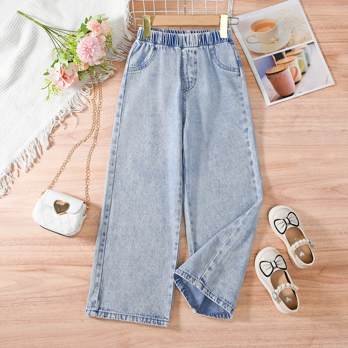 2024 Summer Trend Teen Girls Casual All-in-one Denim Wide-leg Pants for Outdoor Activities