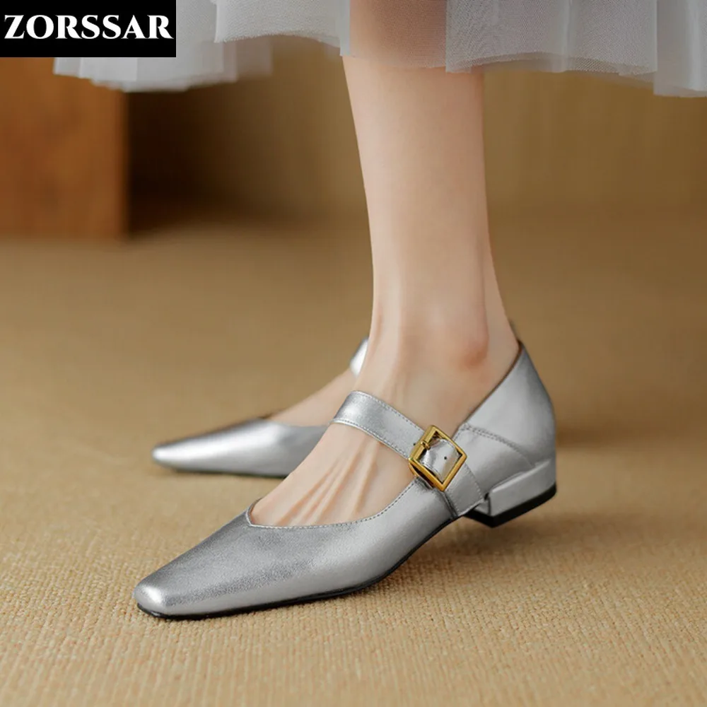 

2024 Women's Flats Pointed Toe Mary Janes Shoes Brown Sliver Leather Shoes for Female Buckle Strap Ladies Shallow Shoe Spring