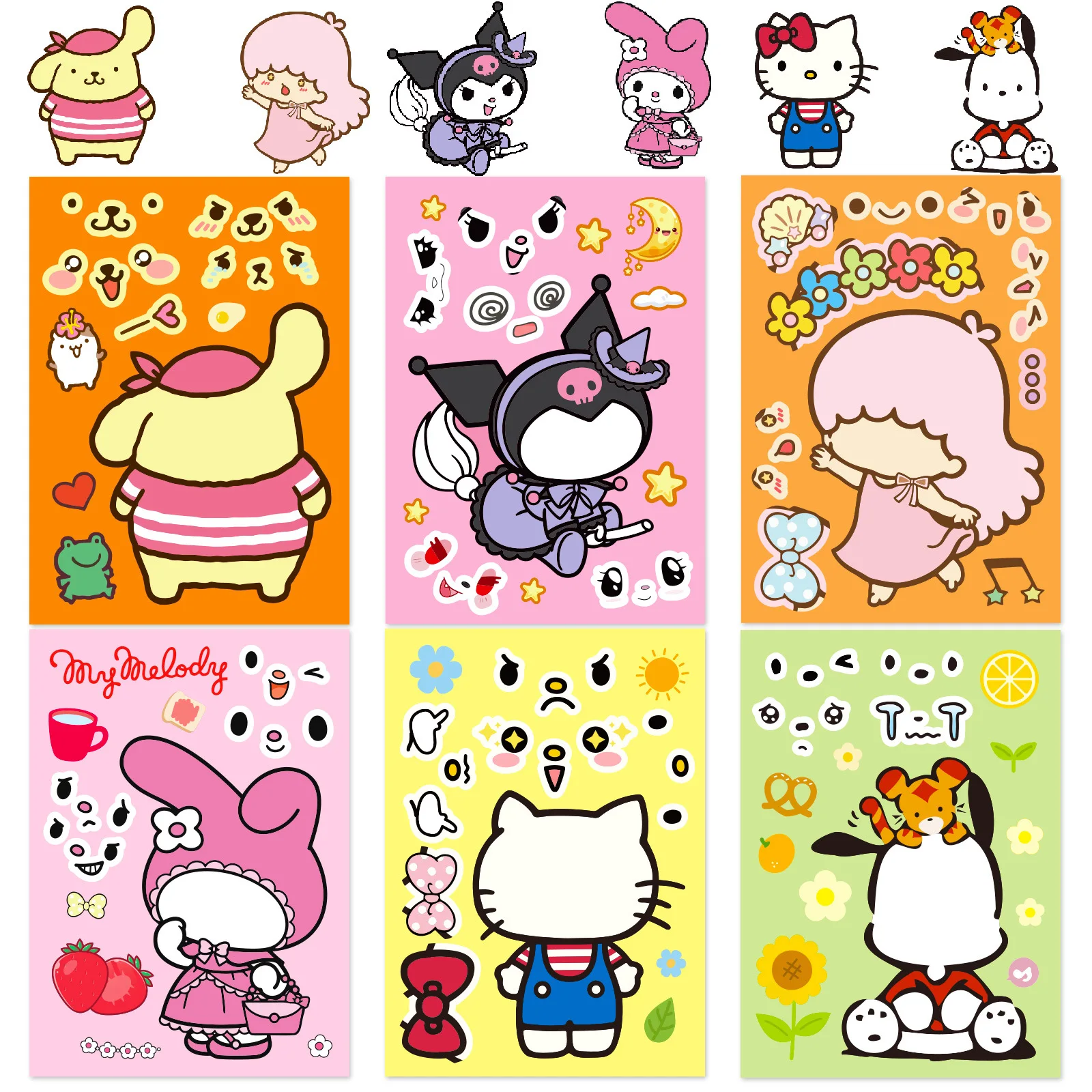 6/12Sheets Kuromi Hello Kitty Puzzle Stickers Make-a-Face Assemble Funny Anime Decal Assemble Jigsaw DIY Children Girl Toy Gift