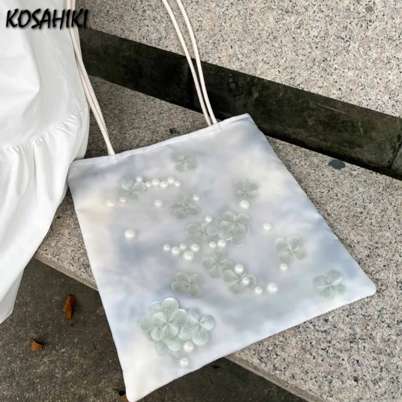 

Elegant Office Lady Tie Dye Fairy Women's Handbags New Y2k Chic Fashion Grunge Shoulder Bags Patchwork Flower Pearl Underarm Bag