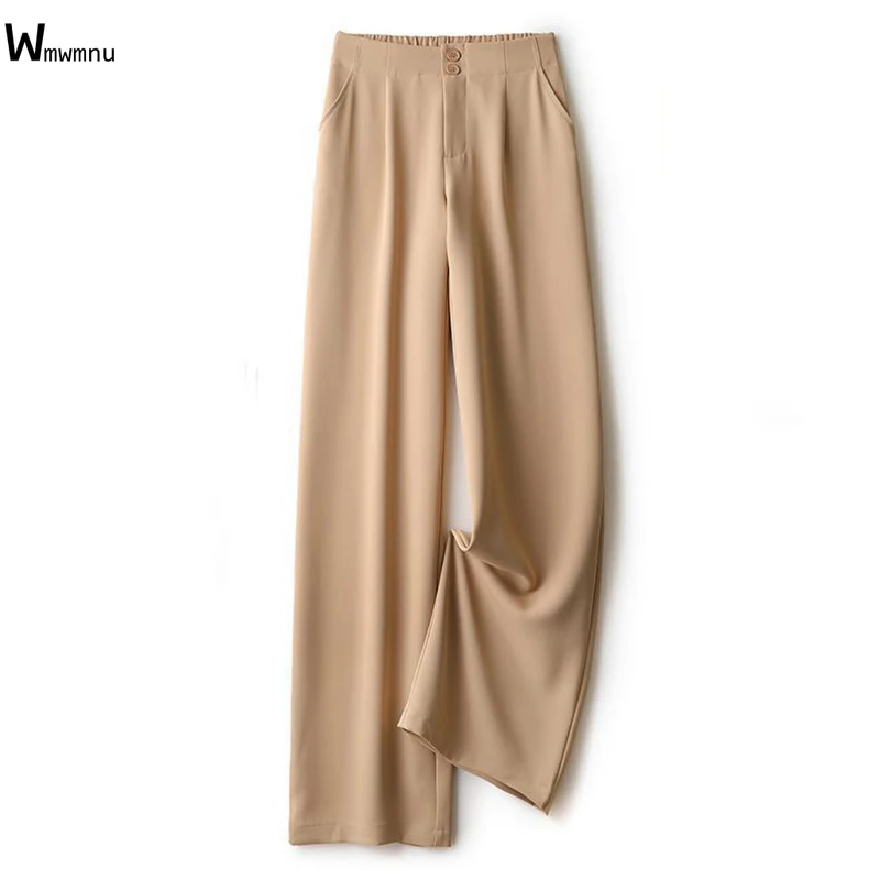 Cintura alta Escritório Calças Perna Larga Mulheres Coreano Baggy Pantalones Candy Color Chiffon Sweatpant Casual Straight Formal Suit Spodnie