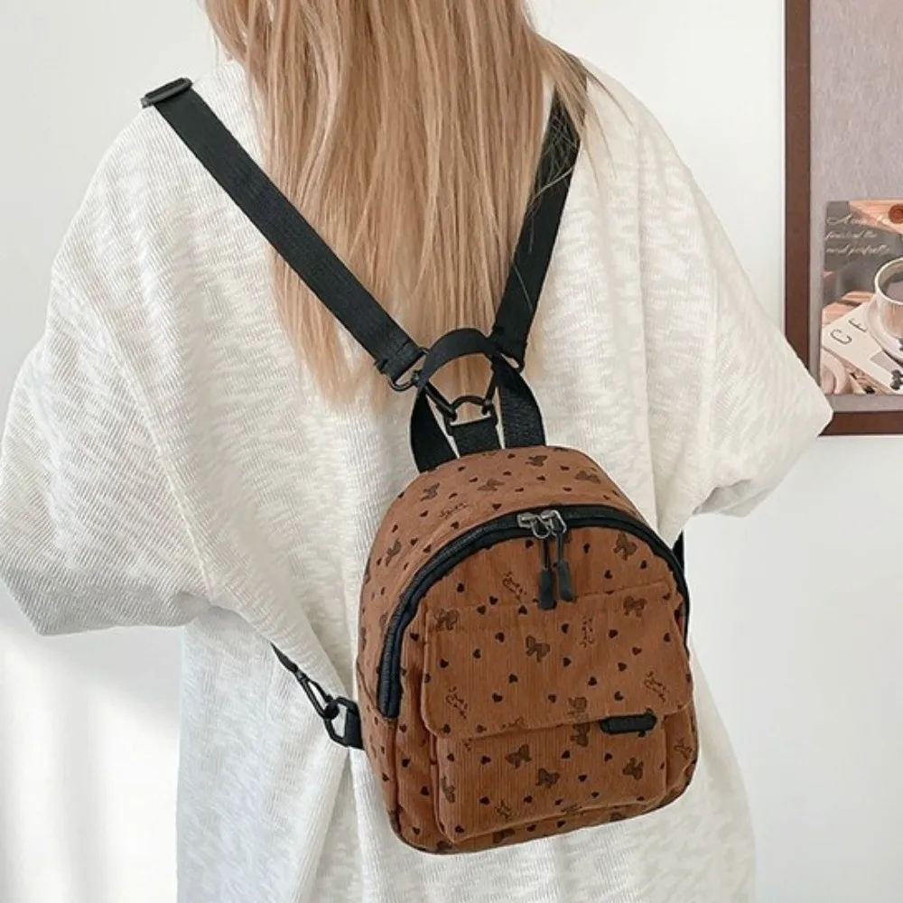 Sweet Corduroy Mini Backpack Heart Bow Print Multi-compartment Casual Backpack Zippered Opening Lightweight Shoulder Bag Daily