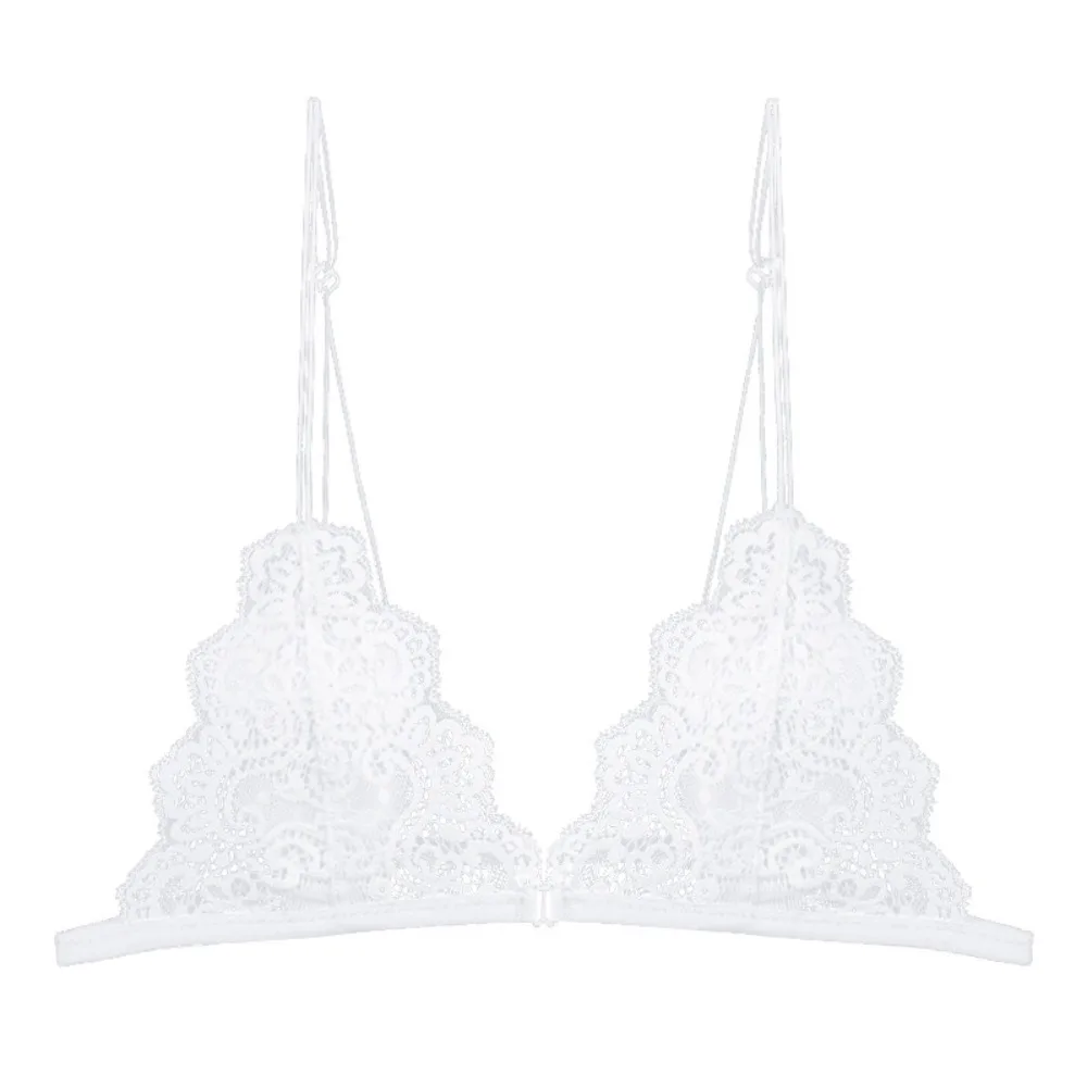 

Fashion Front Buckle Triangle Cup Bras Wireless Transparent Lace Mesh Bralette Women Deep V Seamless Thin Underwear Beachwear