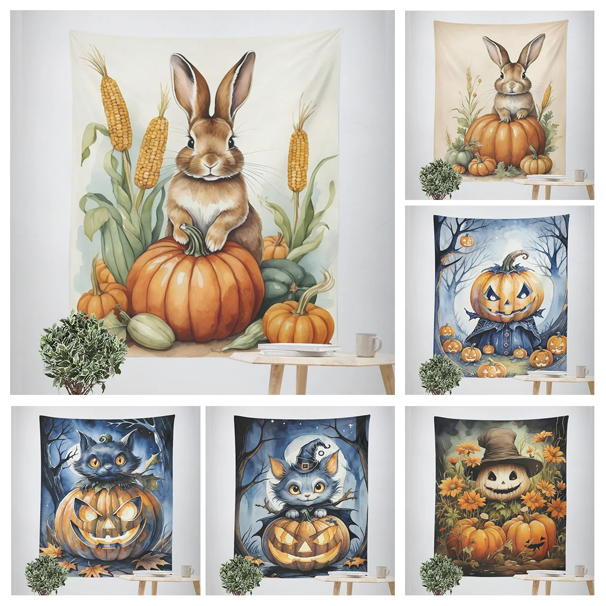 Home decoration modern room decor items wall tapestry aesthetic bedroom wall art large fabric Halloween Autumn Pumpkin cute