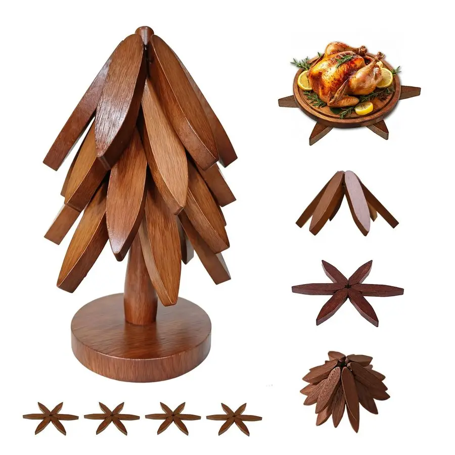 

Набор деревянных подставок-деревьев для горячих блюд, 100% натуральное дерево, раскладная конструкция, складные подставки в форме дерева, 4 шт. из орехового дерева