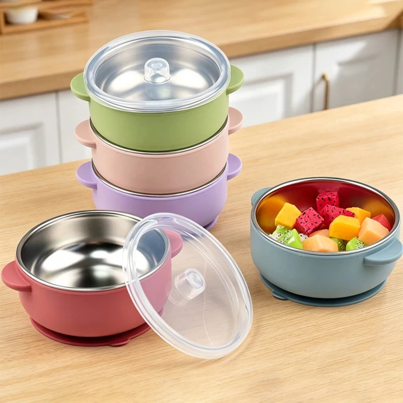 

Детская миска для кормления с крышкой, предотвращающей проливание, пищевая, устойчивая к падениям, из нержавеющей стали, с двойными стенками, термоизоляционная посуда