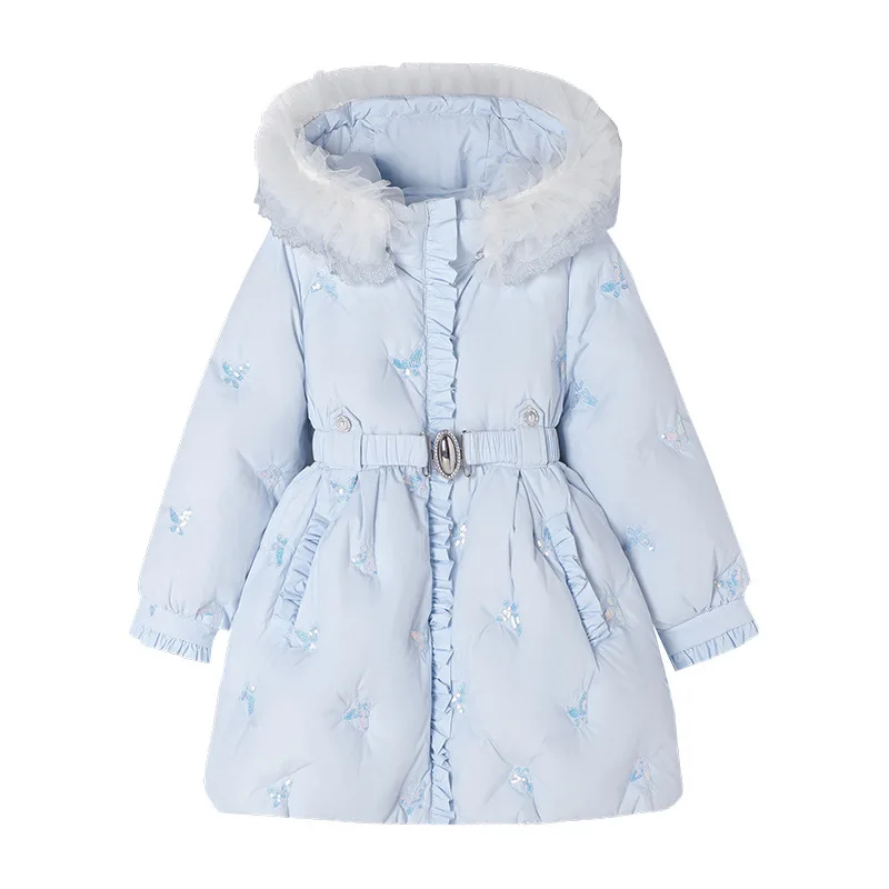 Kinder Mädchen Prinzessin Daunenjacke 90% Weiße Entendaunen Lange Kapuzenjacke Rüschenbesatz Warme Winteroberbekleidung 3-12 Jahre A5106 – Detail 11