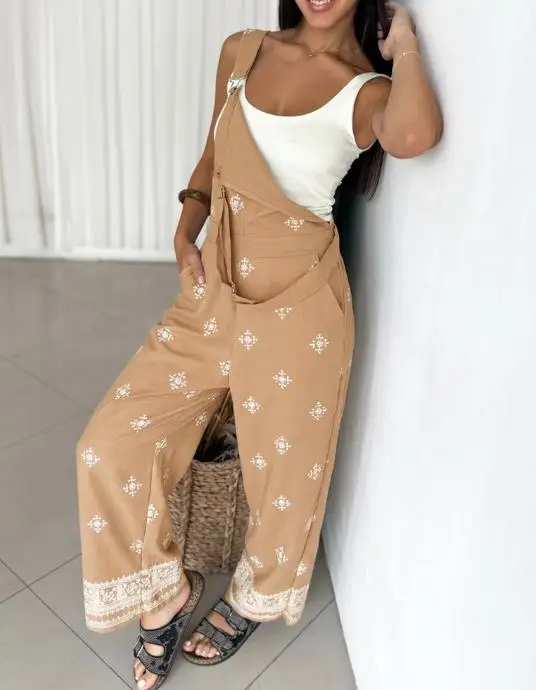 Jumpsuit Women 2026 Spring Vintage Embroidered Tribal Pattern Adjustable Straps Elastic Back Waist Casual Suspender Jumpsuit