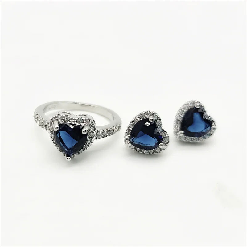 CC Heart Jewelry Sets 2pcs Ring Stud Earrings For Women Blue Zirconia Wedding Engagement Fashion Accessories Drop Shipping