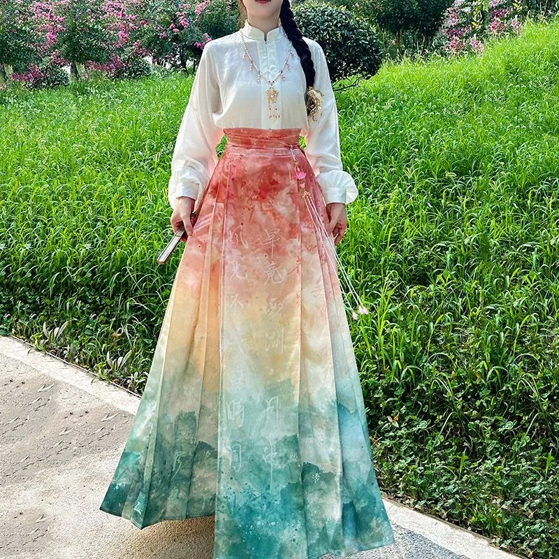 

Women Improved Hanfu High Waist Horse-face Pleated Skirt Blouse Suit Vintage Chinese Traditional Ming Dynasty Costume