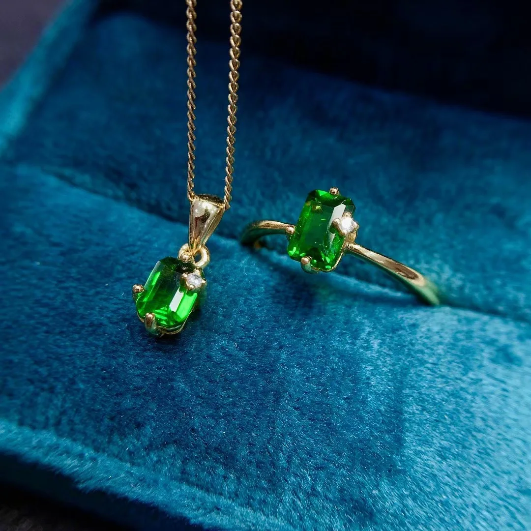 Natural Chrome Diopside Silver Pendant for Daily Wear Emerald Cut 4mm*6mm 925 Silver Diopside Necklace Ring Jewelry Set