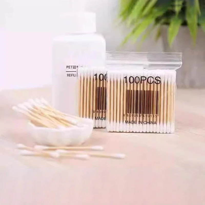 100Pcs Cotton Swab Wooden Cotton Sticks Double-Tipped Cotton Cotton Swab Bud Chlorine-Free Hypoallergenic Makeup Tools