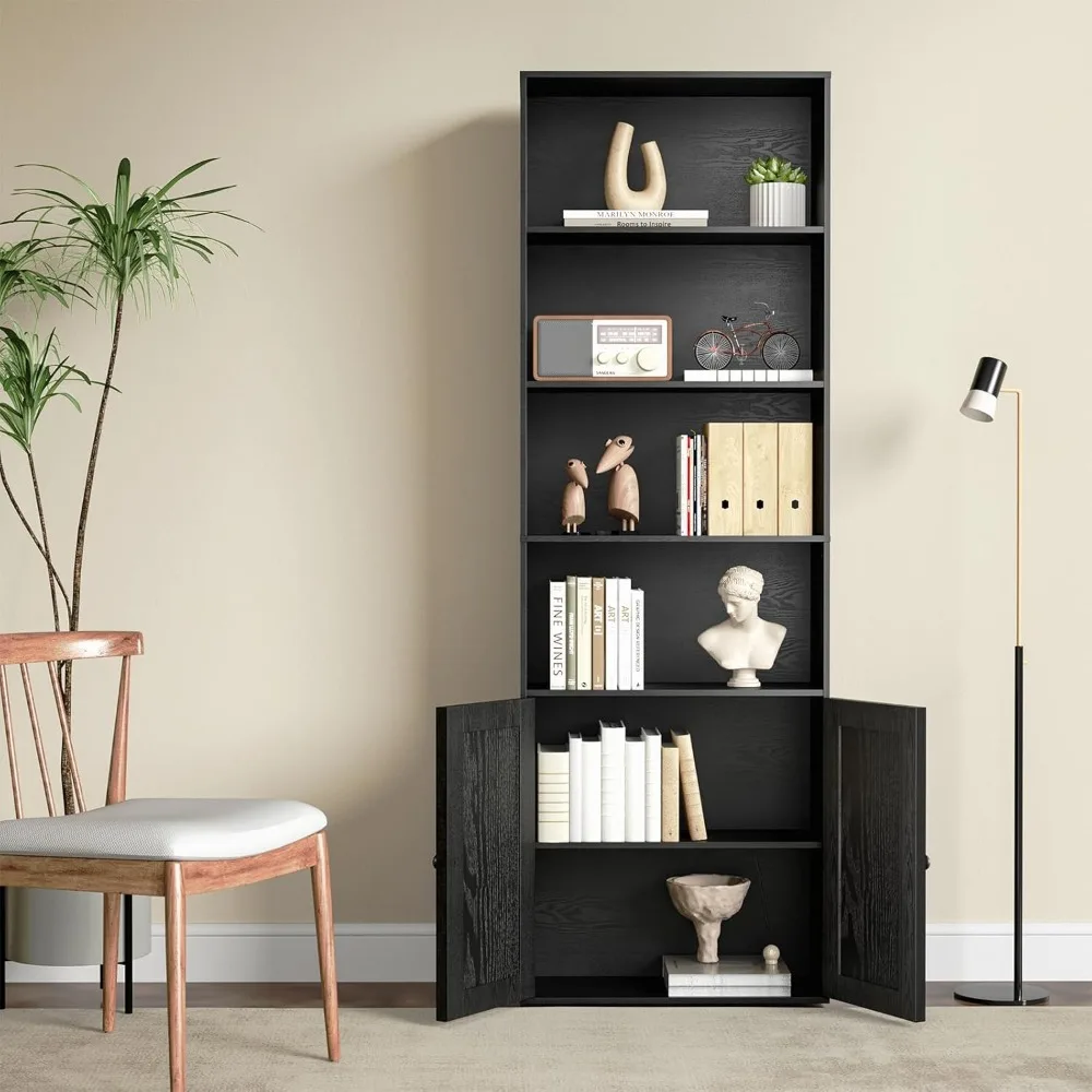 أرفف كتب خشبية وظيفية وخزائن كتب مع أبواب وخزانة، أرفف تخزين لعرض 6 أرفف على الأرض بطول 70.86 بوصة #4