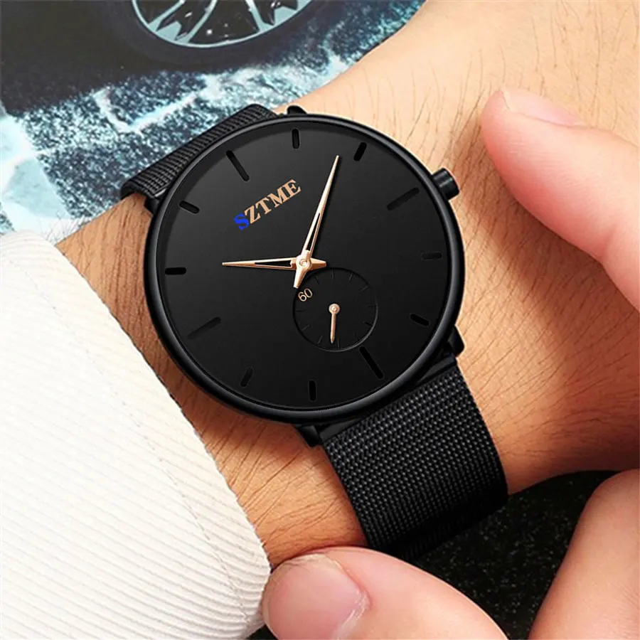 メンズ超薄型クォーツ時計,メッシュストラップ,カジュアルでクールな青い針,英国のファッション