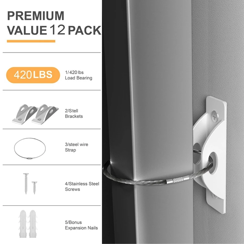 ABLK 12 Piece Furniture Anchors Furniture Strap Prevent Falling Anti Tip Steel For Baby Proofing, Secure 420 Pound Furniture