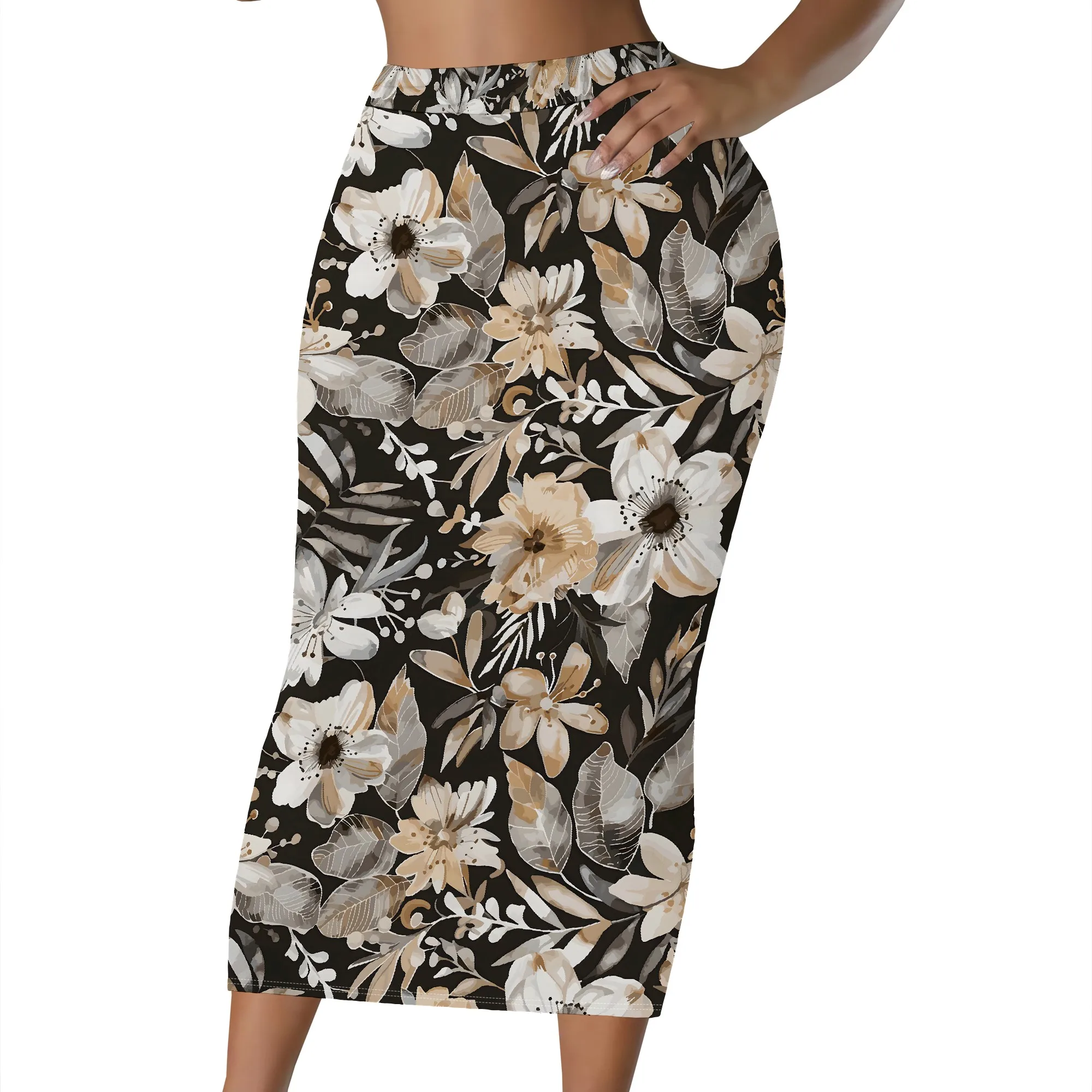 Blumendruck, Midirock, Schwarze Basis, Beige Blumen, Hohe Taille, Bleistiftschnitt, Bürokleidung, Party-Outfit, S-2XL – Detail 1